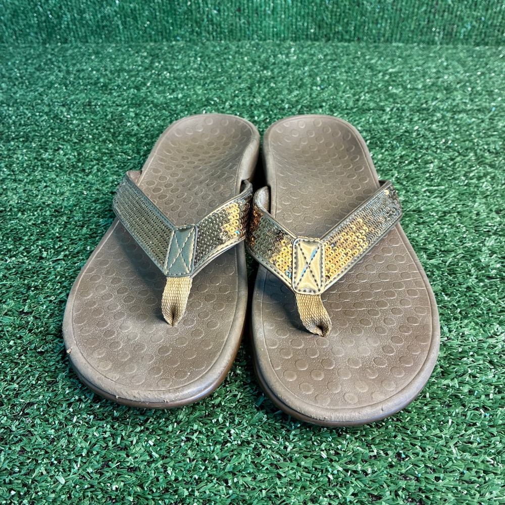 Vionic Tide Sequin Orthotic Arch Support Beach Flip Flop Sandals Bronze Womens 8